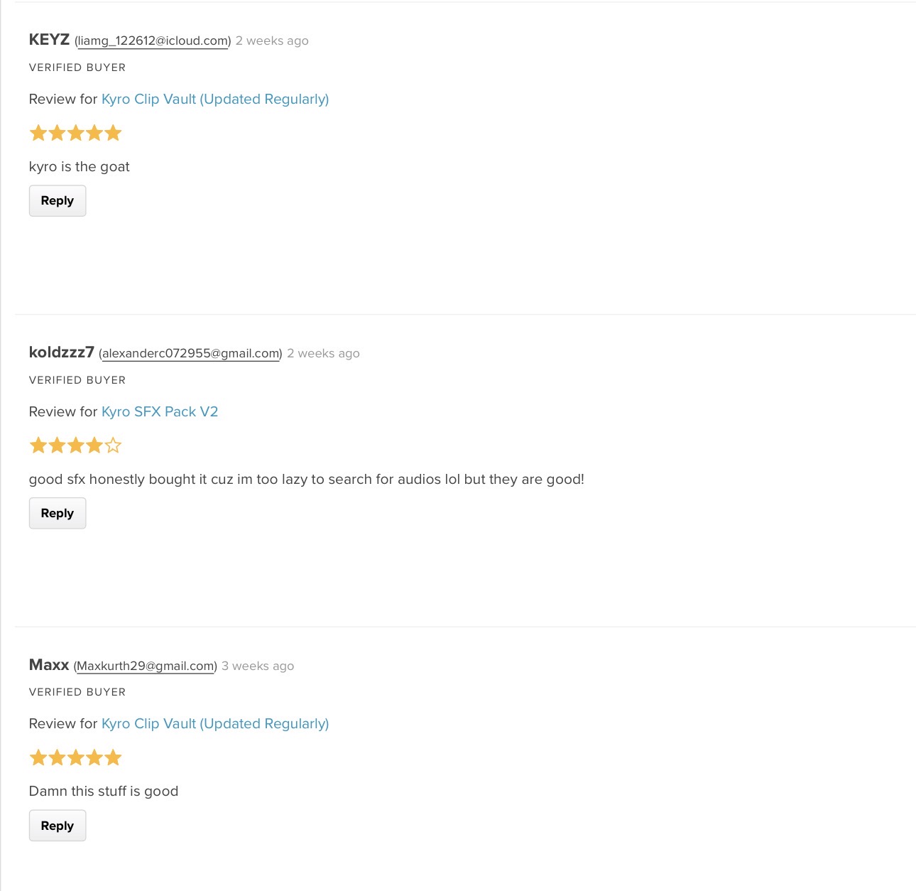 Verified customer reviews from Kyro's Payhip store